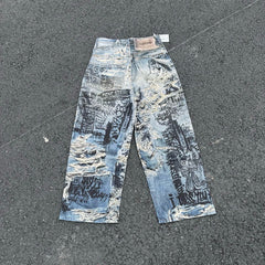 AC style erosion, destruction, hand drawn letter graffiti, 3D printing, digital printing, wide leg horn jeans, men's and women's fashion