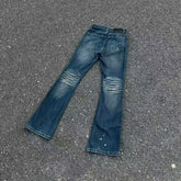 Cleanfit's independent vintage style denim jeans are washed with ink splatter, slim fit, straight leg, and washed with water