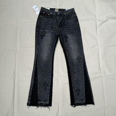 High end GALLERYDEPT. Cro patch leather cross denim bell bottoms washed and distressed patchwork jeans