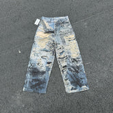 AC style erosion, destruction, hand drawn letter graffiti, 3D printing, digital printing, wide leg horn jeans, men's and women's fashion
