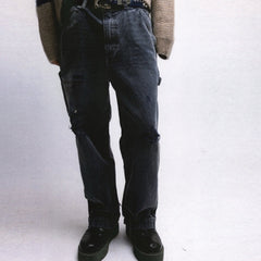 ERD's melancholic wealthy second-generation, heavy water washed, damaged, worn, blood stained, knife cut, dirty, dyed, logging pants, straight leg jeans