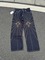 Top version TC embroidered spider web mid waist loose jeans men's embroidered washed hanging casual wide leg pants