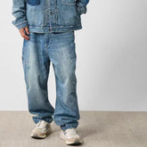 Japanese high street fashion retro heavy industry silhouette loose washed, done old, splashed ink hand-painted wide leg narrow foot painter jeans