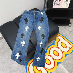 High version cross-border CH Croquet horseshoe leather cross trendy jeans in stock, unisex pants