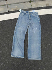 Top version TC embroidered spider web mid waist loose jeans men's embroidered washed hanging casual wide leg pants