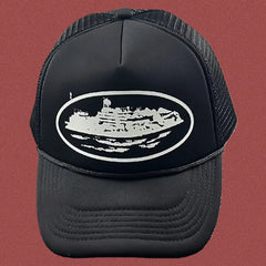 Corteiz Bold White Oval Ship Logo Trucker Hat - Black