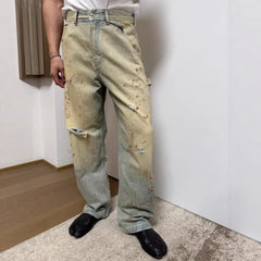 ERD's melancholic wealthy second-generation, heavy water washed, damaged, worn, blood stained, knife cut, dirty, dyed, logging pants, straight leg jeans