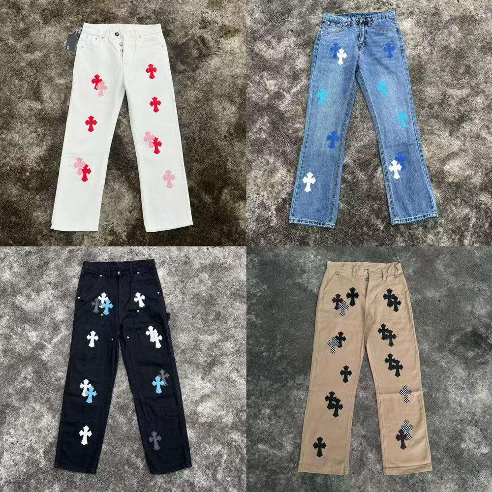 High version cross-border CH Croquet horseshoe leather cross trendy jeans in stock, unisex pants