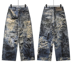 AC style erosion, destruction, hand drawn letter graffiti, 3D printing, digital printing, wide leg horn jeans, men's and women's fashion