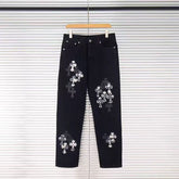 26ss Cross Border Cross Black Multi Leather Element Details Full of Water Washed Jeans for Men and Women