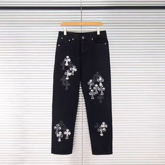 26ss Cross Border Cross Black Multi Leather Element Details Full of Water Washed Jeans for Men and Women