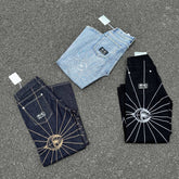 Top version TC embroidered spider web mid waist loose jeans men's embroidered washed hanging casual wide leg pants