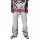 Gallery Depot Versatile Inkjet Drilled Hole Washed Micro Pull Splicing Jeans American Casual Pants