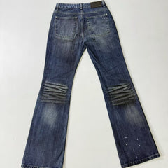 Cleanfit's independent vintage style denim jeans are washed with ink splatter, slim fit, straight leg, and washed with water