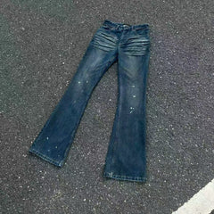 Cleanfit's independent vintage style denim jeans are washed with ink splatter, slim fit, straight leg, and washed with water