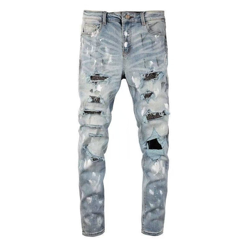 Autonomous AMIRI blue hot stamping perforated jeans long pants high street basic perforated tight elastic jeans
