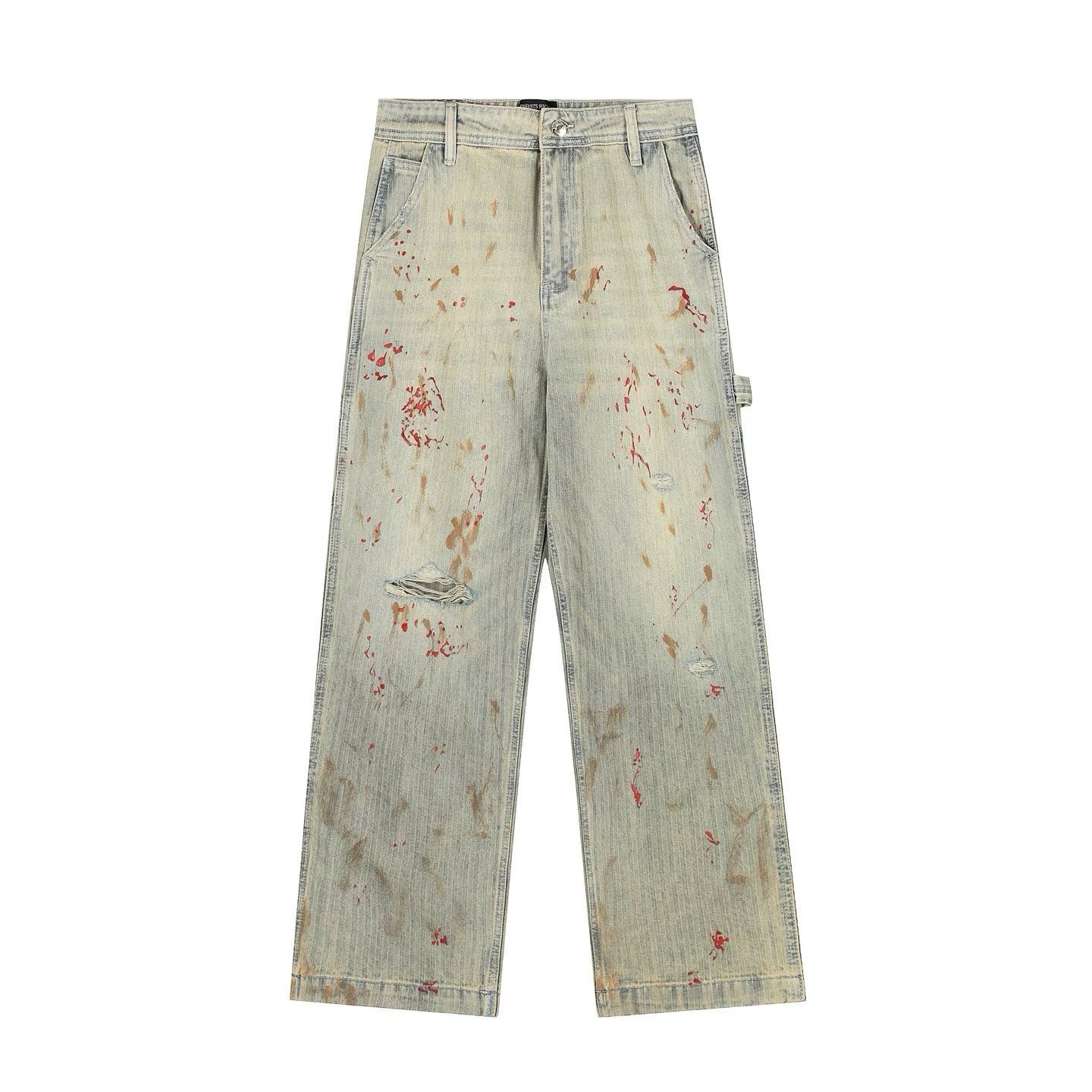 ERD's melancholic wealthy second-generation, heavy water washed, damaged, worn, blood stained, knife cut, dirty, dyed, logging pants, straight leg jeans
