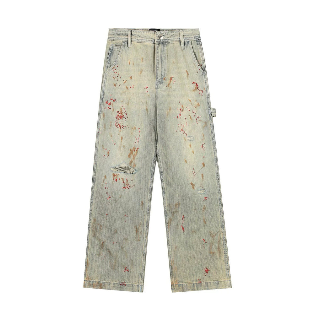 ERD's melancholic wealthy second-generation, heavy water washed, damaged, worn, blood stained, knife cut, dirty, dyed, logging pants, straight leg jeans