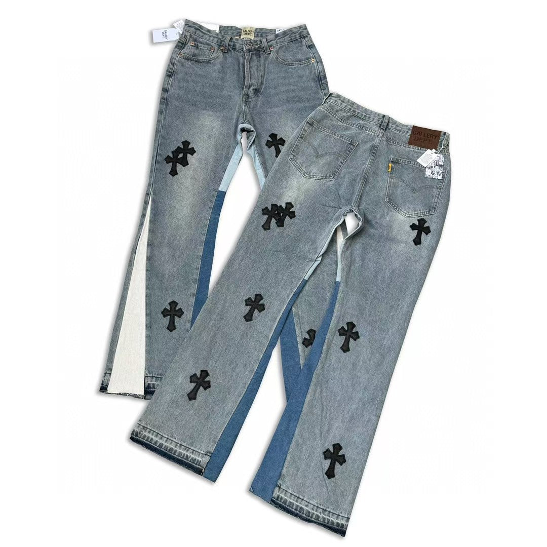 High end GALLERYDEPT. Cro patch leather cross denim bell bottoms washed and distressed patchwork jeans
