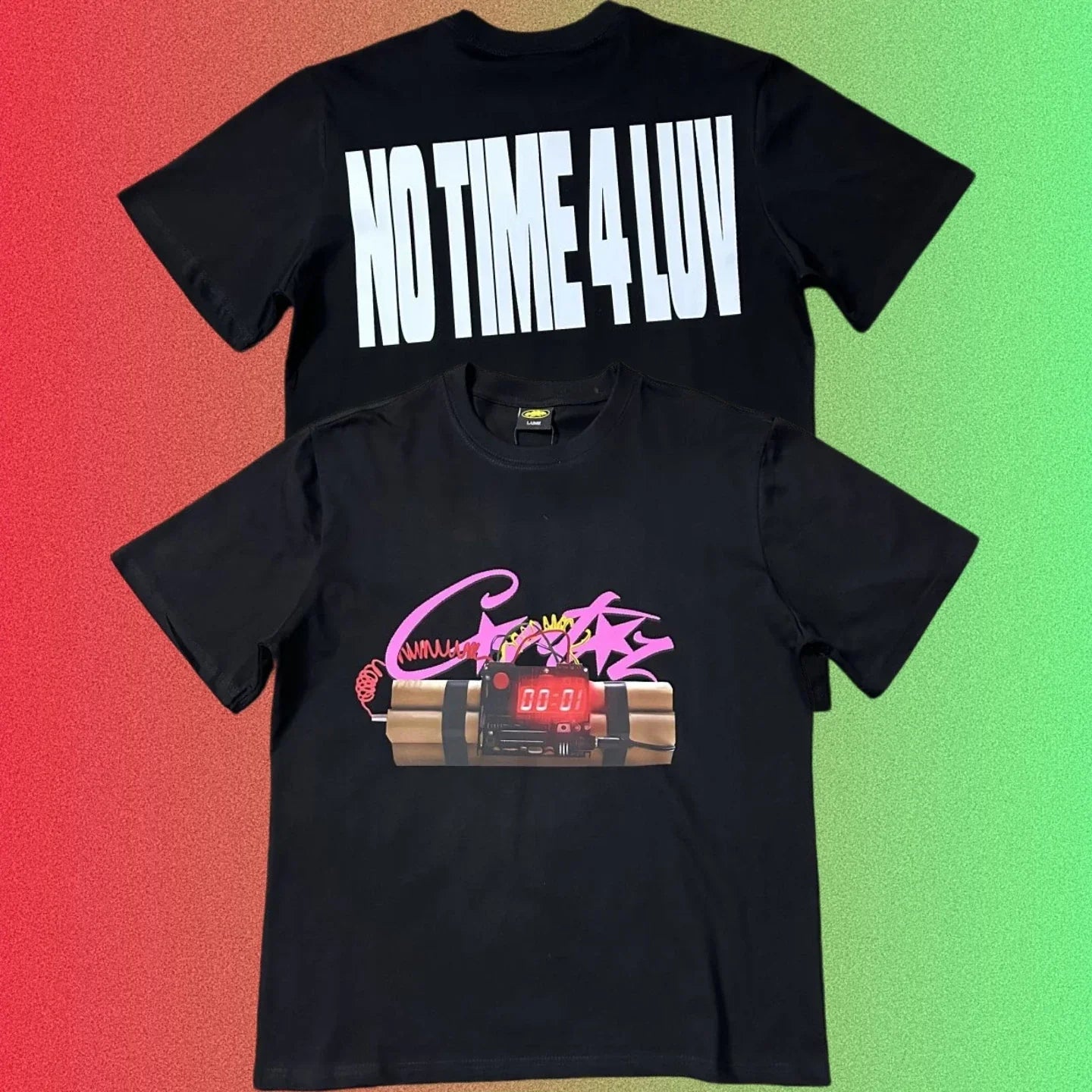 Corteiz "No Time 4 Luv" & Dynamite Bomb Graphic Black T-Shirt (Front & Back Print)