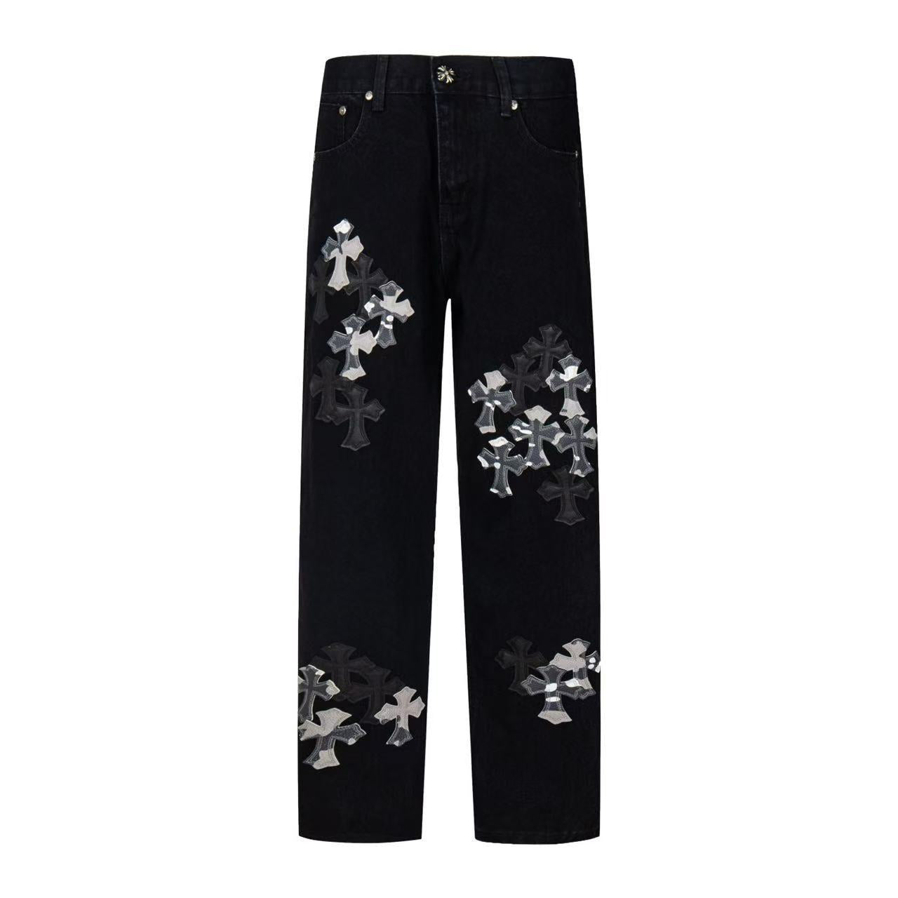26ss Cross Border Cross Black Multi Leather Element Details Full of Water Washed Jeans for Men and Women