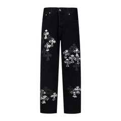 26ss Cross Border Cross Black Multi Leather Element Details Full of Water Washed Jeans for Men and Women