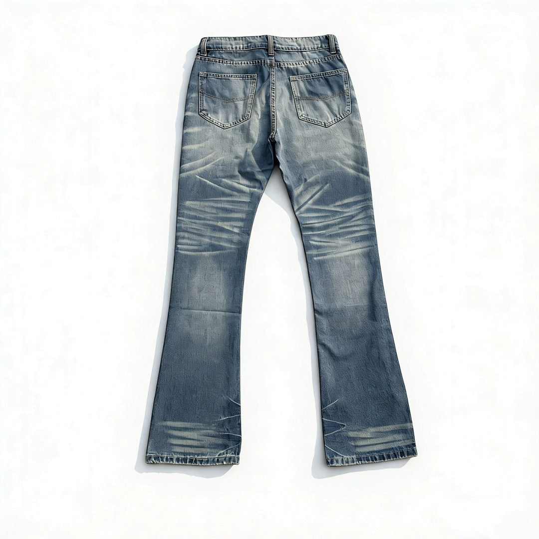 Cleanfit washed ice blue lightning pattern slightly flared elastic slim fit jeans for men, Vibe high street style