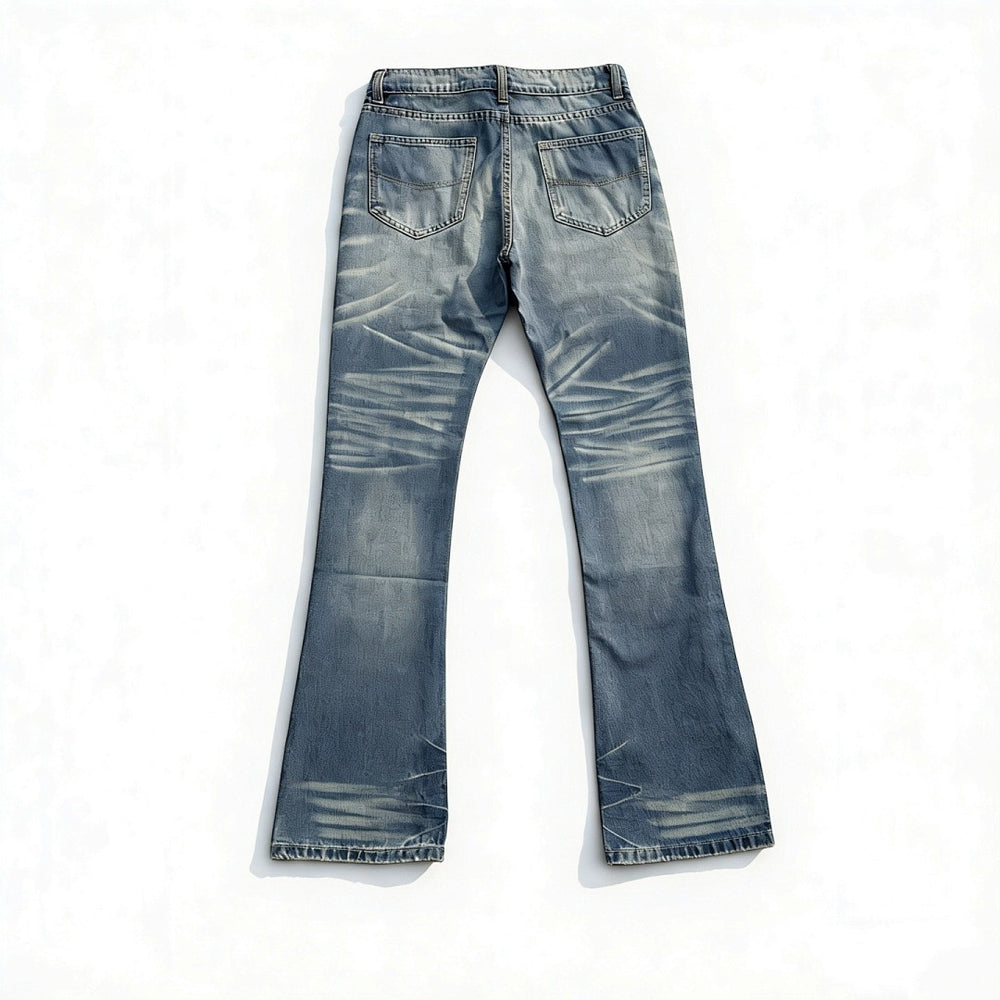 Cleanfit washed ice blue lightning pattern slightly flared elastic slim fit jeans for men, Vibe high street style