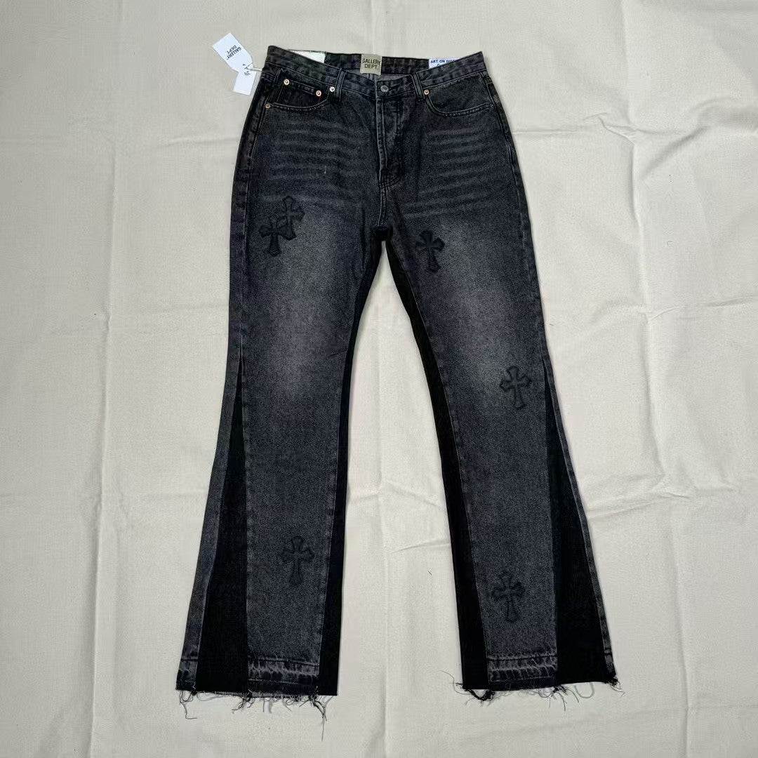 High end GALLERYDEPT. Cro patch leather cross denim bell bottoms washed and distressed patchwork jeans