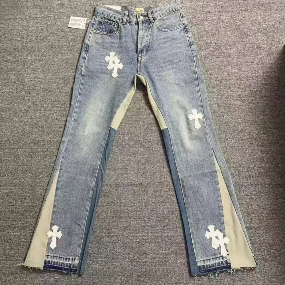 High end GALLERYDEPT. Cro patch leather cross denim bell bottoms washed and distressed patchwork jeans