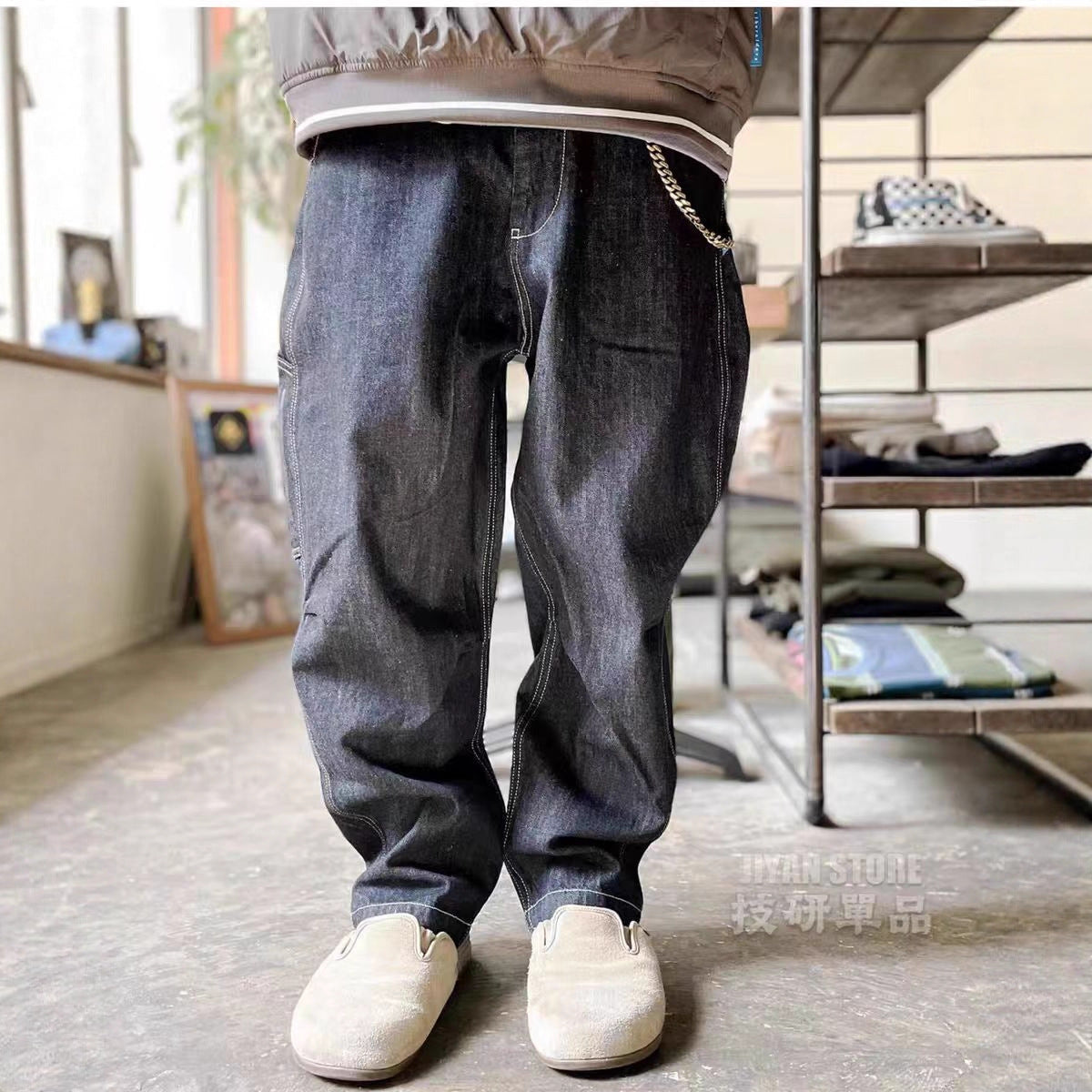 Japanese high street fashion retro heavy industry silhouette loose washed, done old, splashed ink hand-painted wide leg narrow foot painter jeans