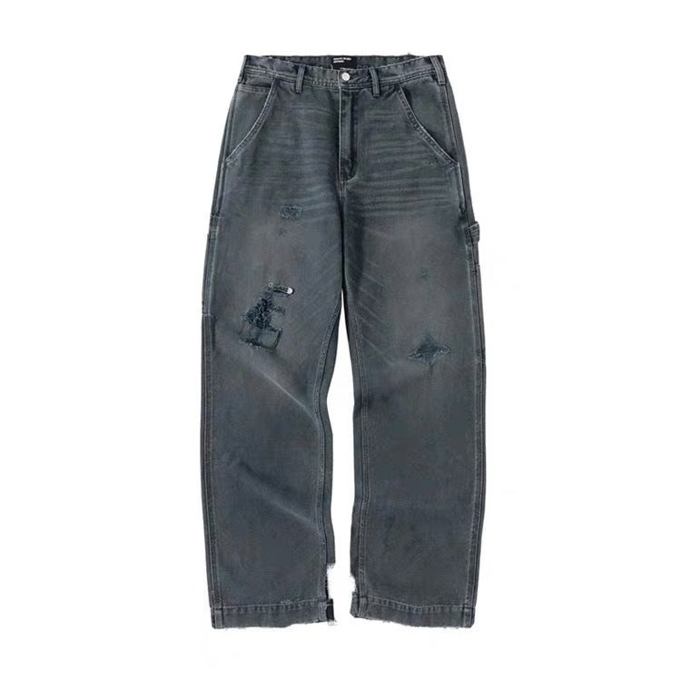 ERD's melancholic wealthy second-generation, heavy water washed, damaged, worn, blood stained, knife cut, dirty, dyed, logging pants, straight leg jeans