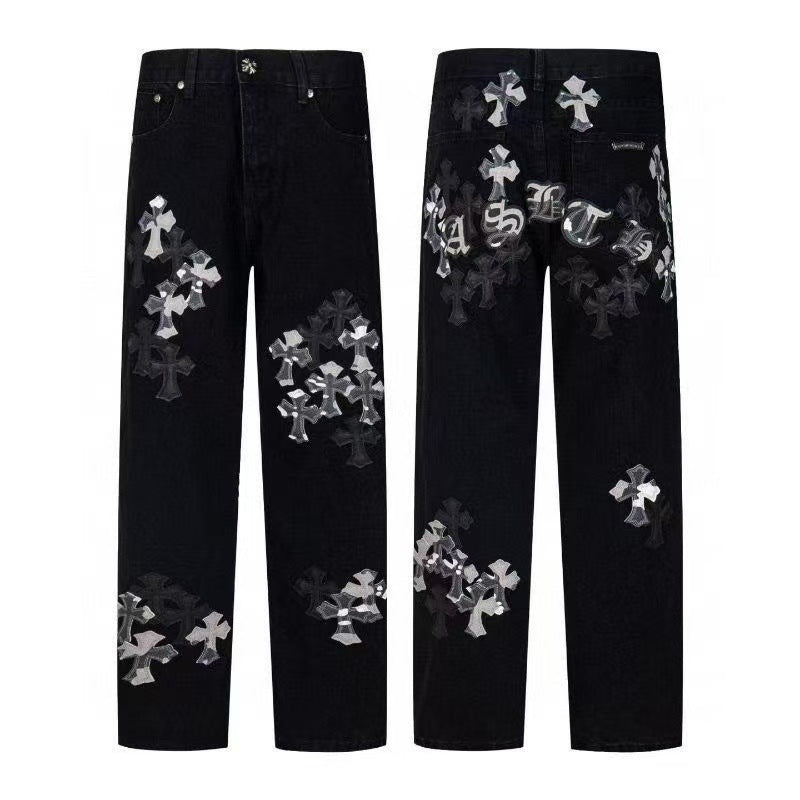 26ss Cross Border Cross Black Multi Leather Element Details Full of Water Washed Jeans for Men and Women