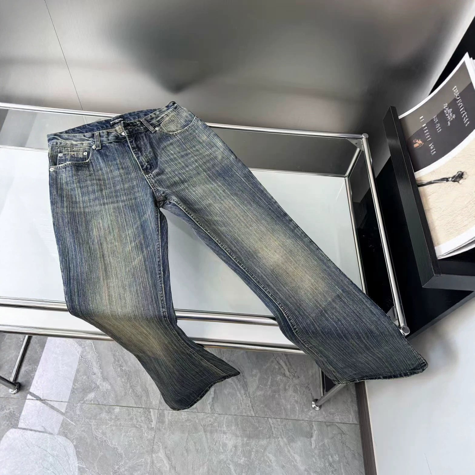B Paris bootcut washed faded distressed bamboo striped micro flared jeans