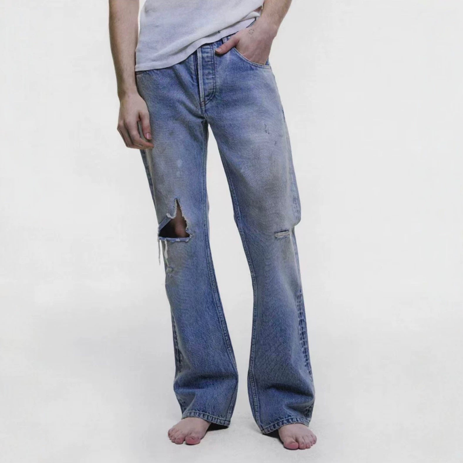 EnfantsRiches Deporimes new washed, knife cut, damaged, burned, slightly flared, worn, dirty jeans