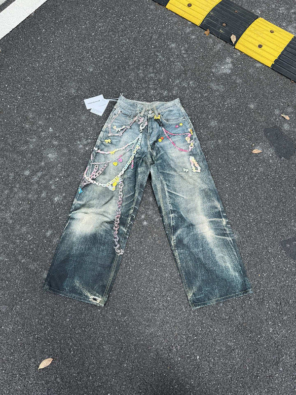 Top AC Home SS251981M Used Water Washed Candy Chain 3D Printed Jeans for Male and Female Couples Same Style