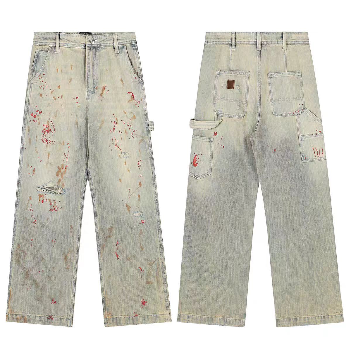 ERD's melancholic wealthy second-generation, heavy water washed, damaged, worn, blood stained, knife cut, dirty, dyed, logging pants, straight leg jeans