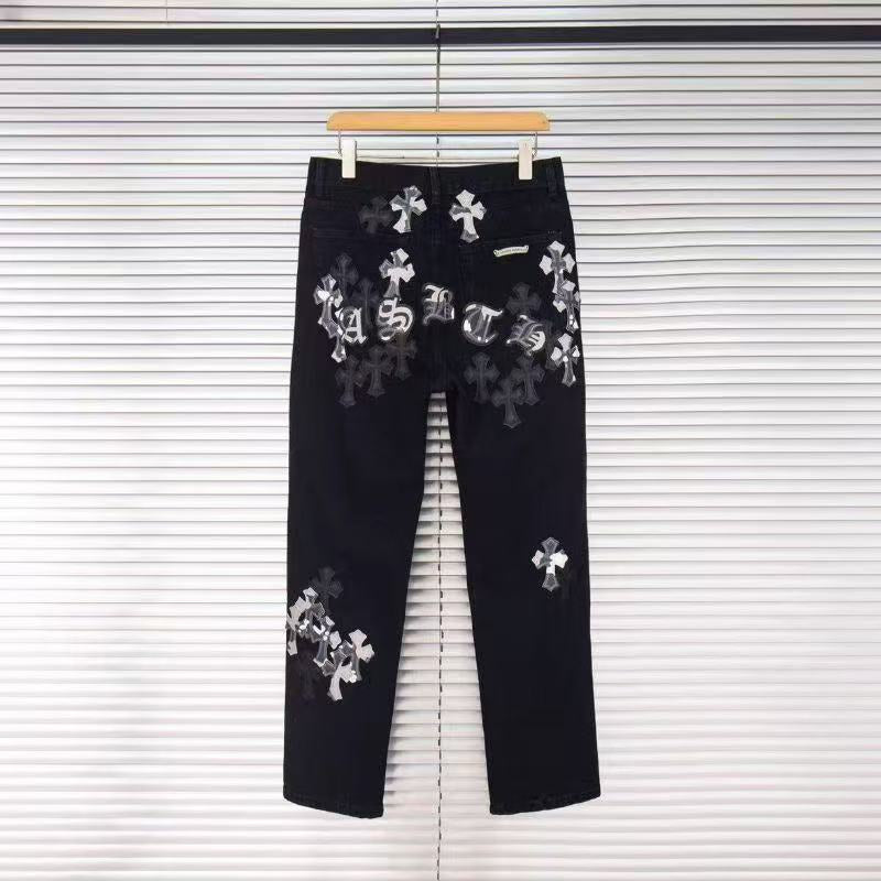 26ss Cross Border Cross Black Multi Leather Element Details Full of Water Washed Jeans for Men and Women