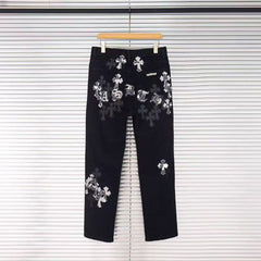 26ss Cross Border Cross Black Multi Leather Element Details Full of Water Washed Jeans for Men and Women
