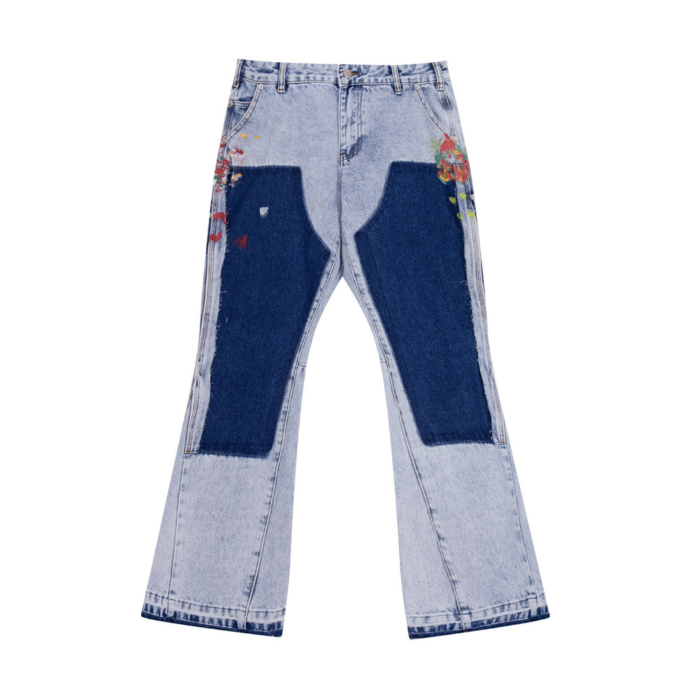 Gallery Depot American Street Trendy Splicing Patch, Splashed Paint Micro Pull Work Pants, Jeans, Versatile Pants