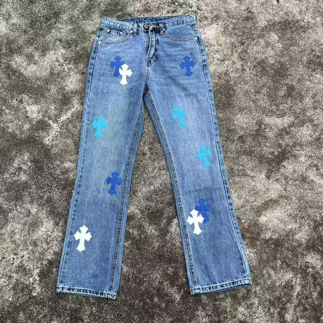 High version cross-border CH Croquet horseshoe leather cross trendy jeans in stock, unisex pants