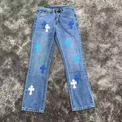 High version cross-border CH Croquet horseshoe leather cross trendy jeans in stock, unisex pants
