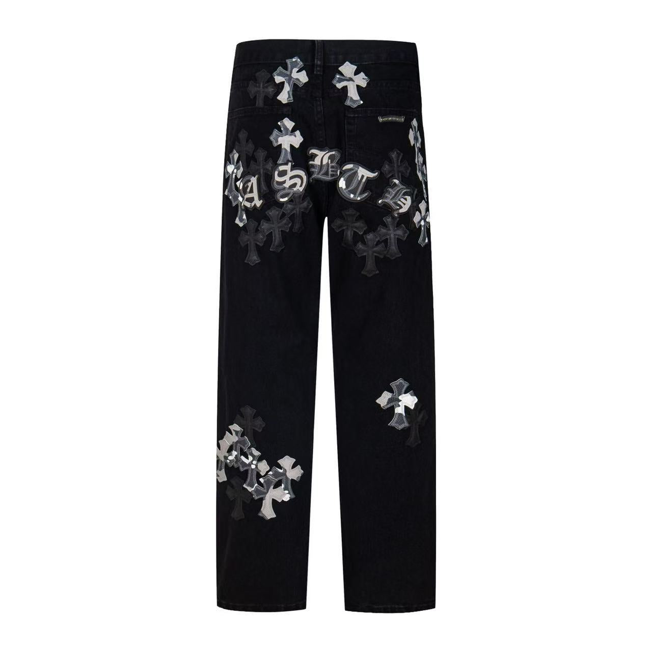 26ss Cross Border Cross Black Multi Leather Element Details Full of Water Washed Jeans for Men and Women