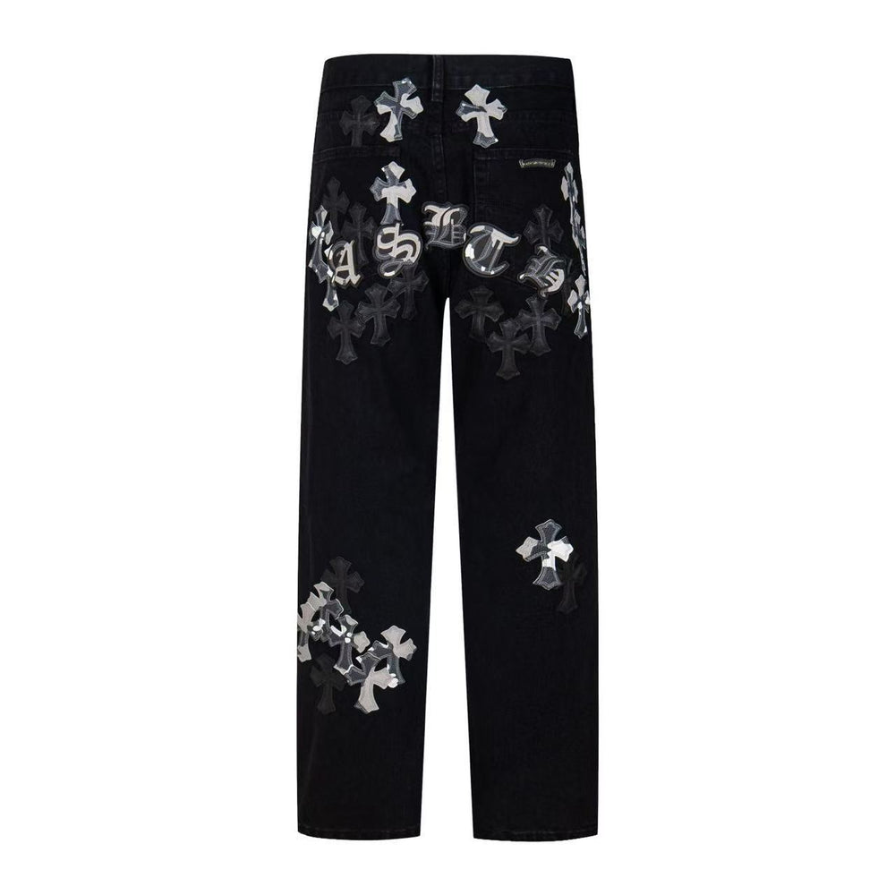 26ss Cross Border Cross Black Multi Leather Element Details Full of Water Washed Jeans for Men and Women