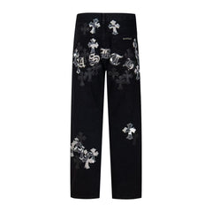 26ss Cross Border Cross Black Multi Leather Element Details Full of Water Washed Jeans for Men and Women