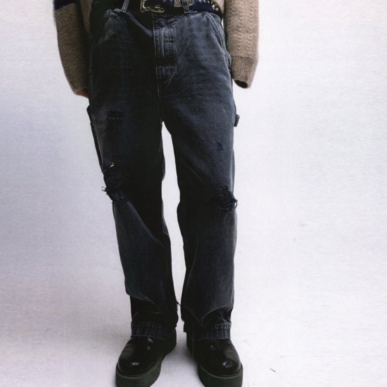 ERD's melancholic wealthy second-generation, heavy water washed, damaged, worn, blood stained, knife cut, dirty, dyed, logging pants, straight leg jeans