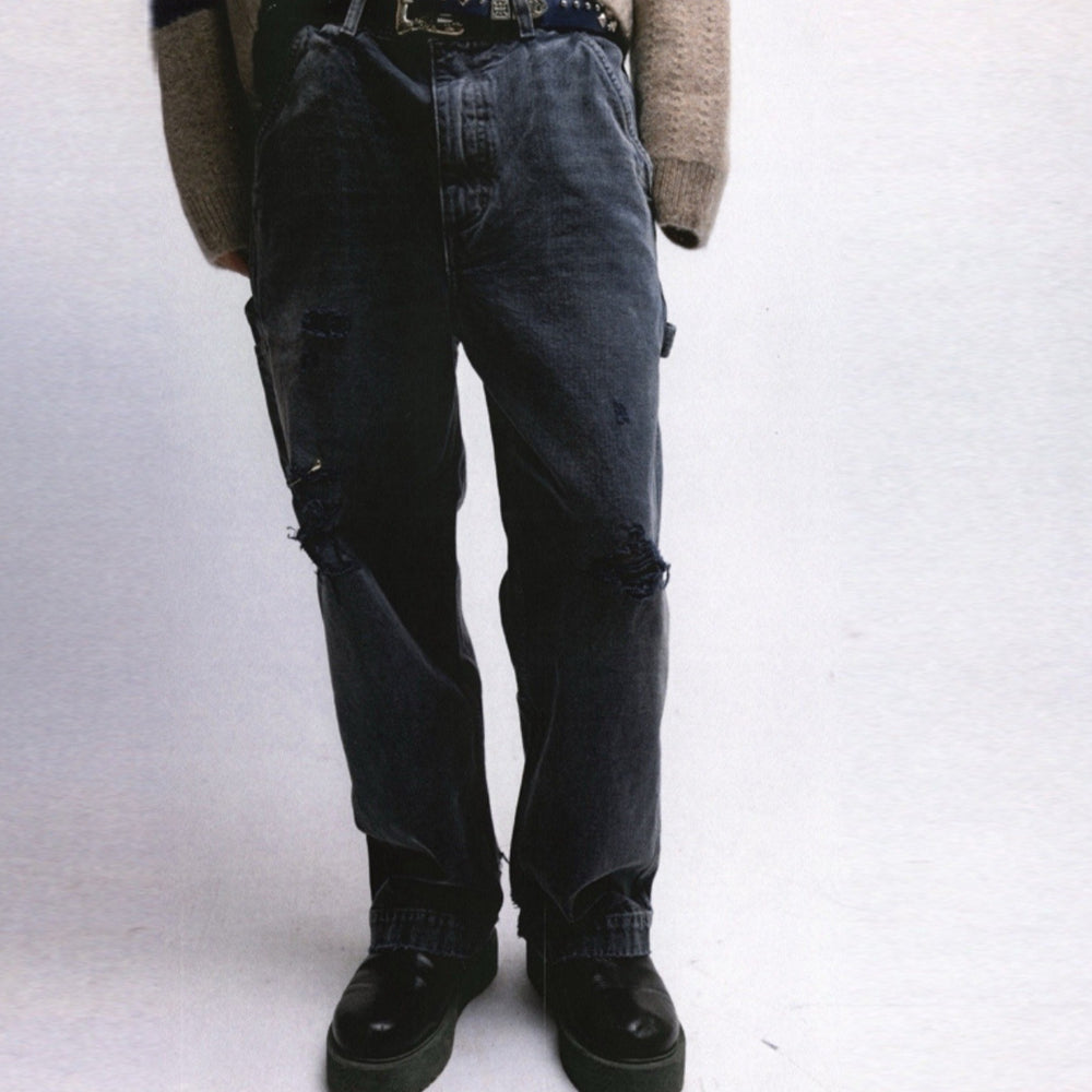 ERD's melancholic wealthy second-generation, heavy water washed, damaged, worn, blood stained, knife cut, dirty, dyed, logging pants, straight leg jeans