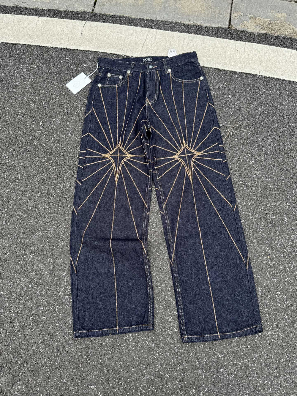 Top version TC embroidered spider web mid waist loose jeans men's embroidered washed hanging casual wide leg pants