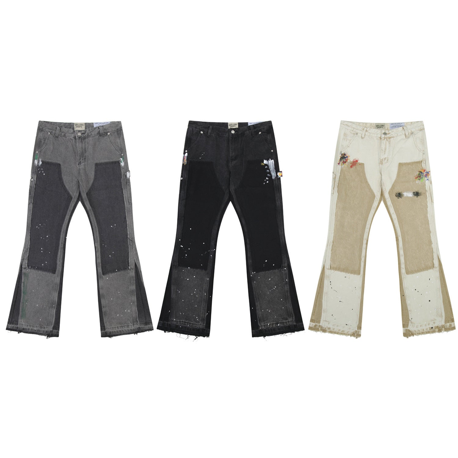 Gallery Depot American Street Trendy Splicing Patch, Splashed Paint Micro Pull Work Pants, Jeans, Versatile Pants