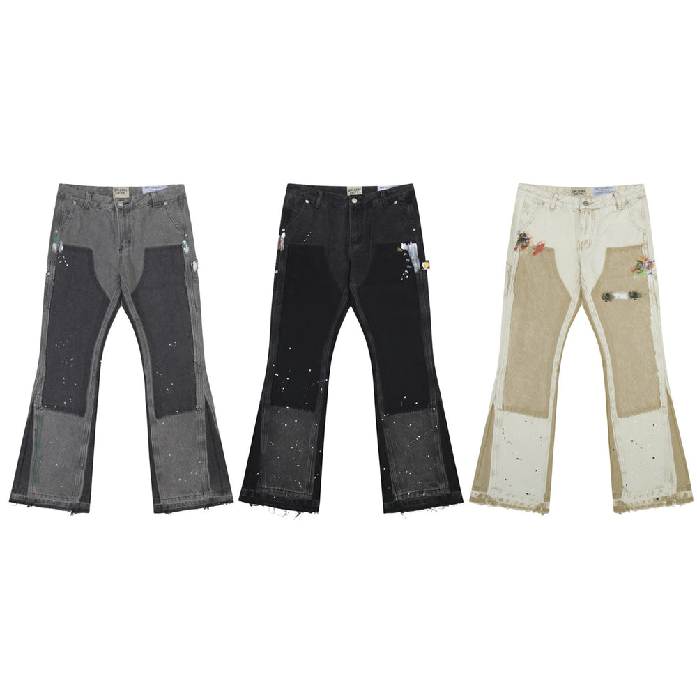 Gallery Depot American Street Trendy Splicing Patch, Splashed Paint Micro Pull Work Pants, Jeans, Versatile Pants